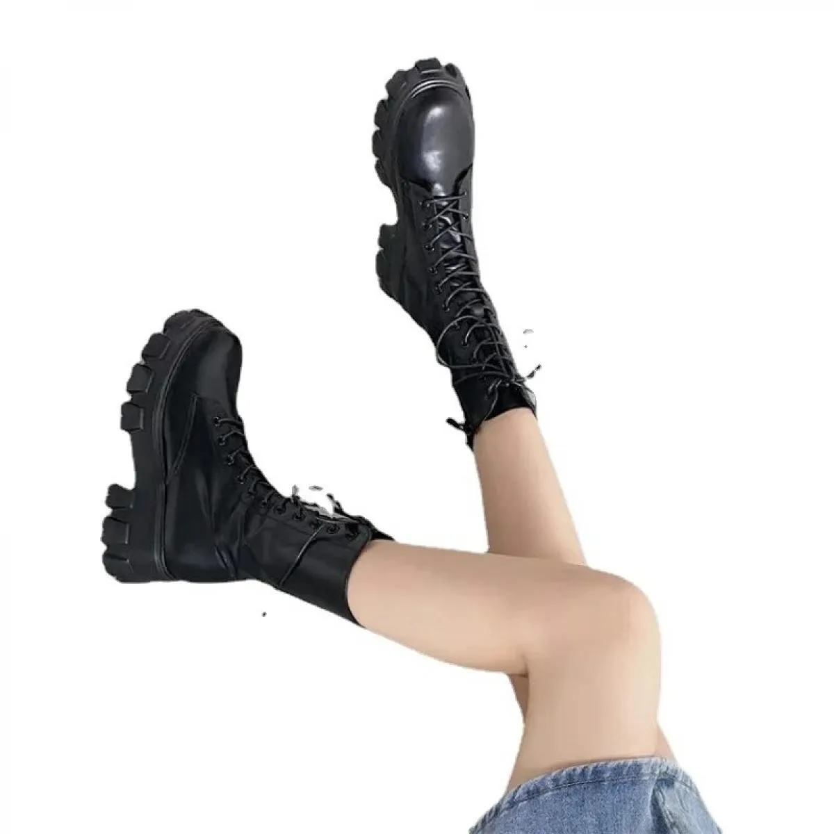 2024 Moda Primavera Scarpe da donna in stile britannico Gambe piccole e medie Lace Up Tinta unita Testa tonda Pu Matcake Suola B