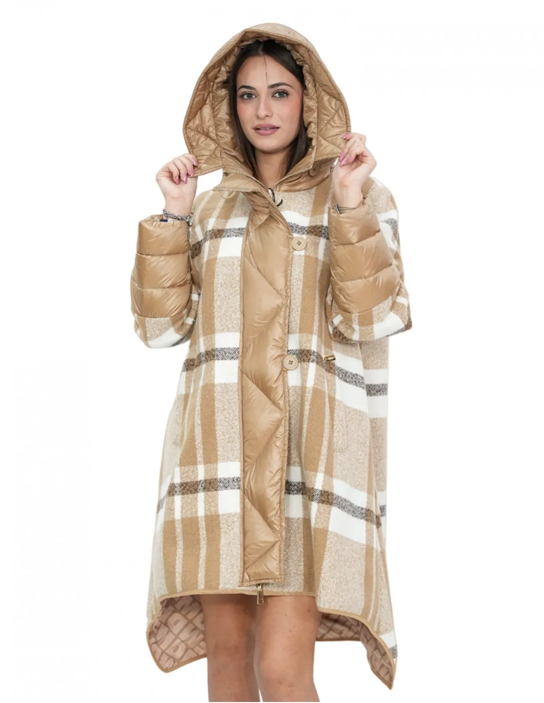 Cappotto lana e piumino lungo 100 cm 46 marrone fantasia quadri mod campana chiusura bottoni e zip 
