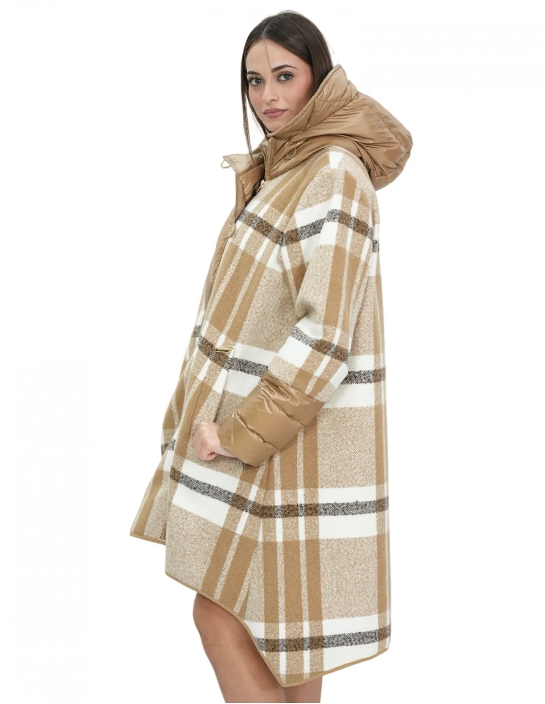 Cappotto lana e piumino lungo 100 cm 46 marrone fantasia quadri mod campana chiusura bottoni e zip 