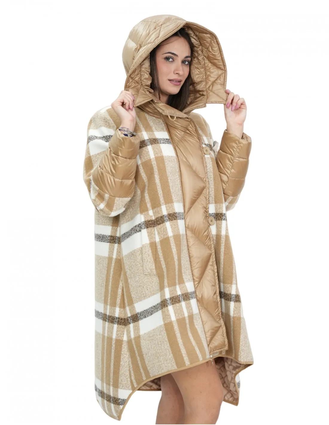 Cappotto lana e piumino lungo 100 cm 46 marrone fantasia quadri mod campana chiusura bottoni e zip 
