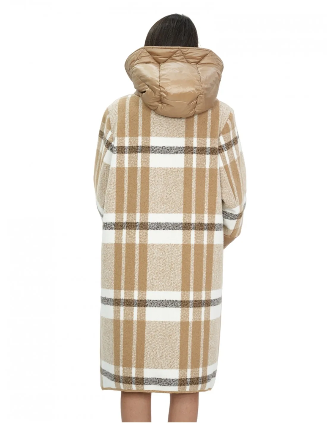 Cappotto lana e piumino lungo 100 cm 46 marrone fantasia quadri mod campana chiusura bottoni e zip 
