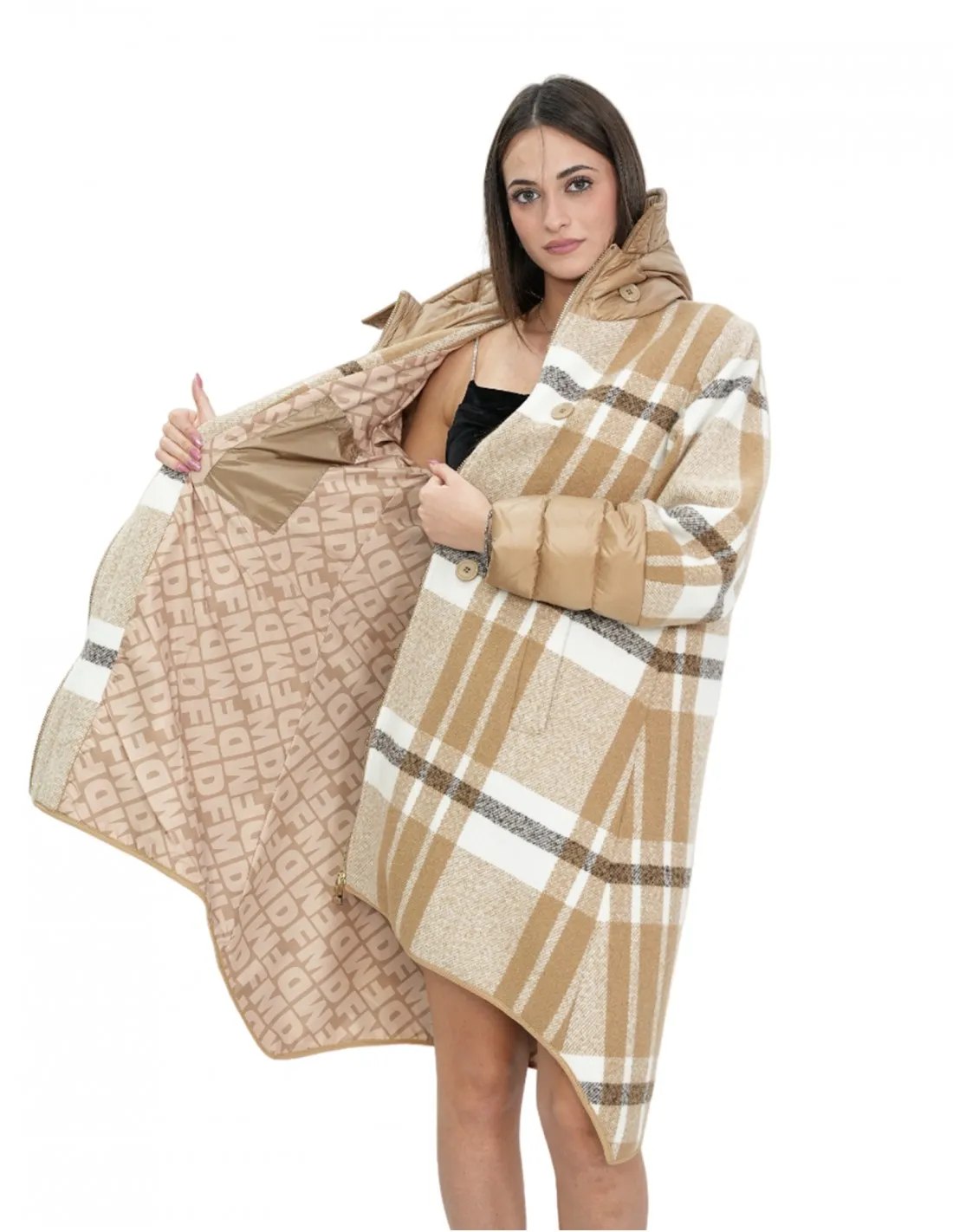 Cappotto lana e piumino lungo 100 cm 46 marrone fantasia quadri mod campana chiusura bottoni e zip 