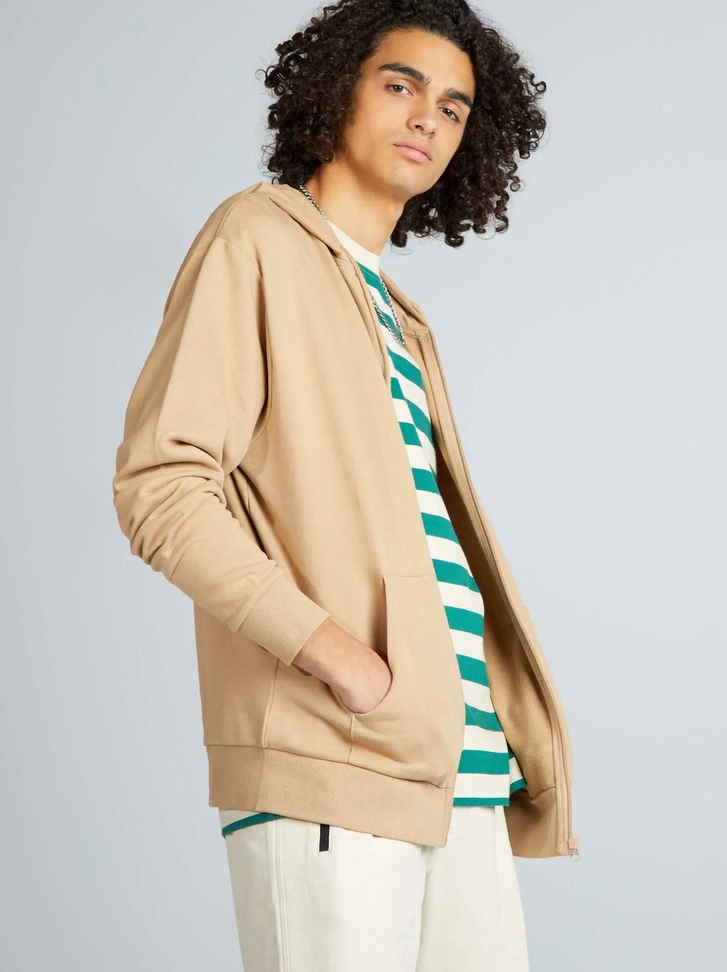 Felpa con zip e cappuccio tinta unita - BEIGE