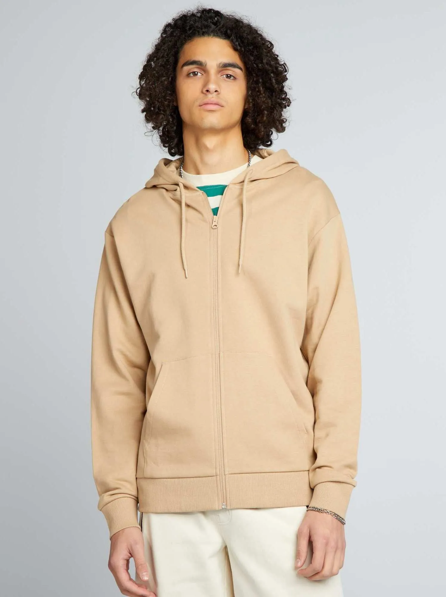 Felpa con zip e cappuccio tinta unita - BEIGE