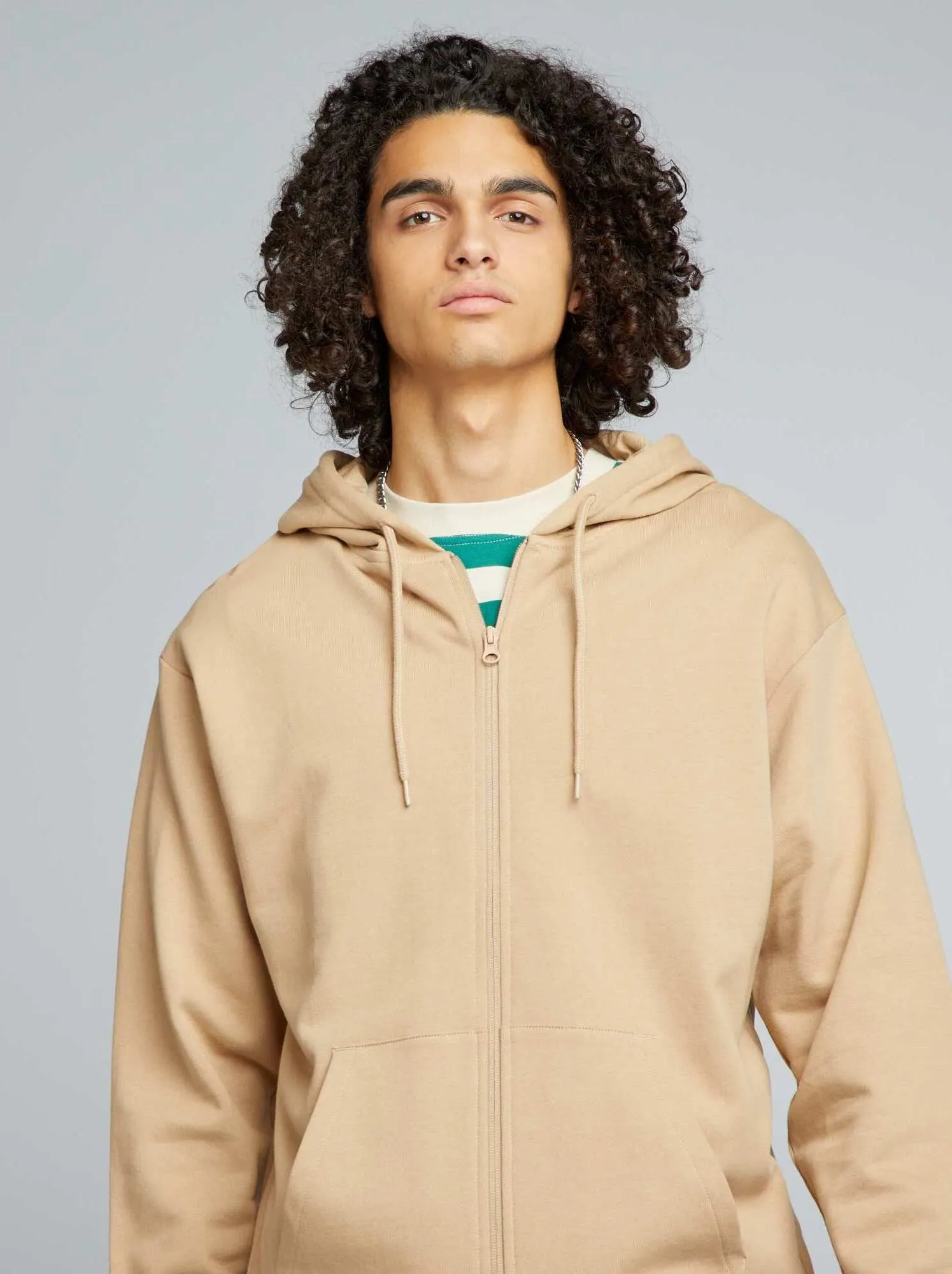 Felpa con zip e cappuccio tinta unita - BEIGE