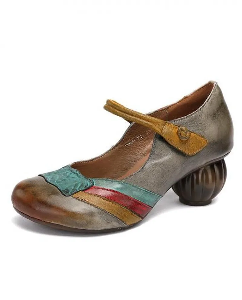 Femminile del Cuoio Genuino Retro Pompe Colori Misti Scarpe Da Donna 2022 Del Partito di Estate Hook Loop Punta Rotonda Fatti A