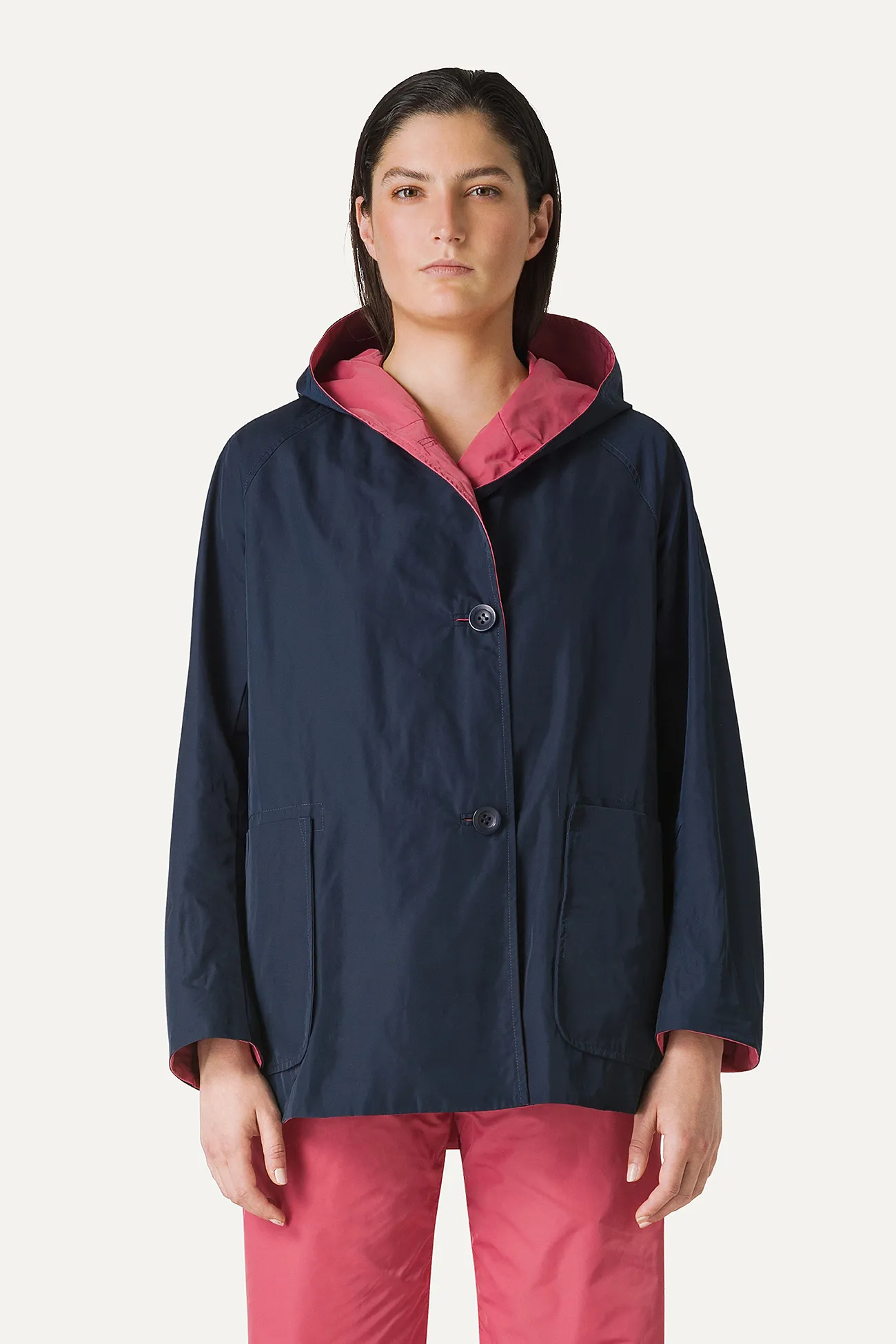 IMPERMEABILE REVERSIBILE CON CAPPUCCIO IN NYLON MEMORY 9411 - BLU NOTTE/ROSA ANTICO