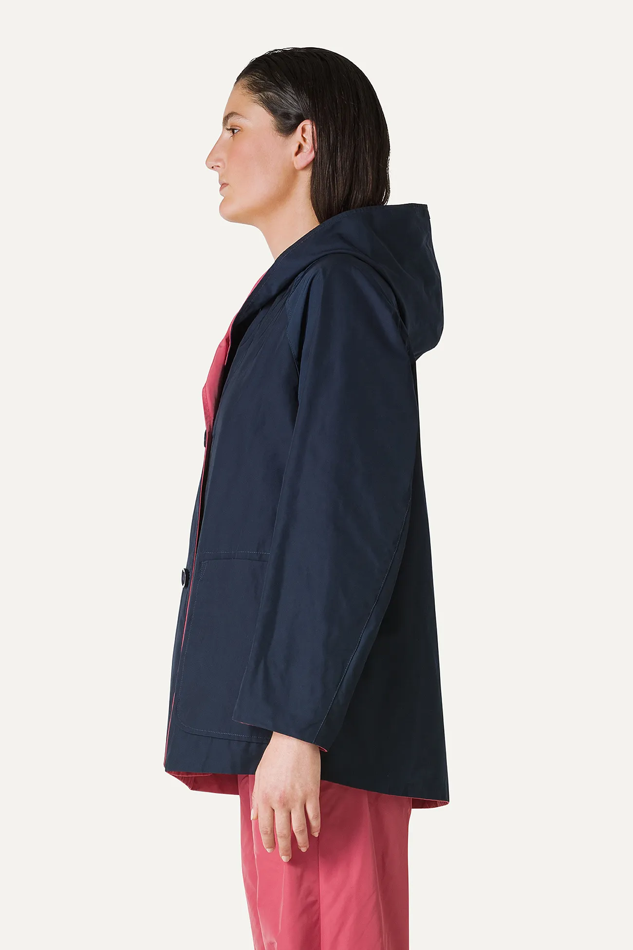 IMPERMEABILE REVERSIBILE CON CAPPUCCIO IN NYLON MEMORY 9411 - BLU NOTTE/ROSA ANTICO