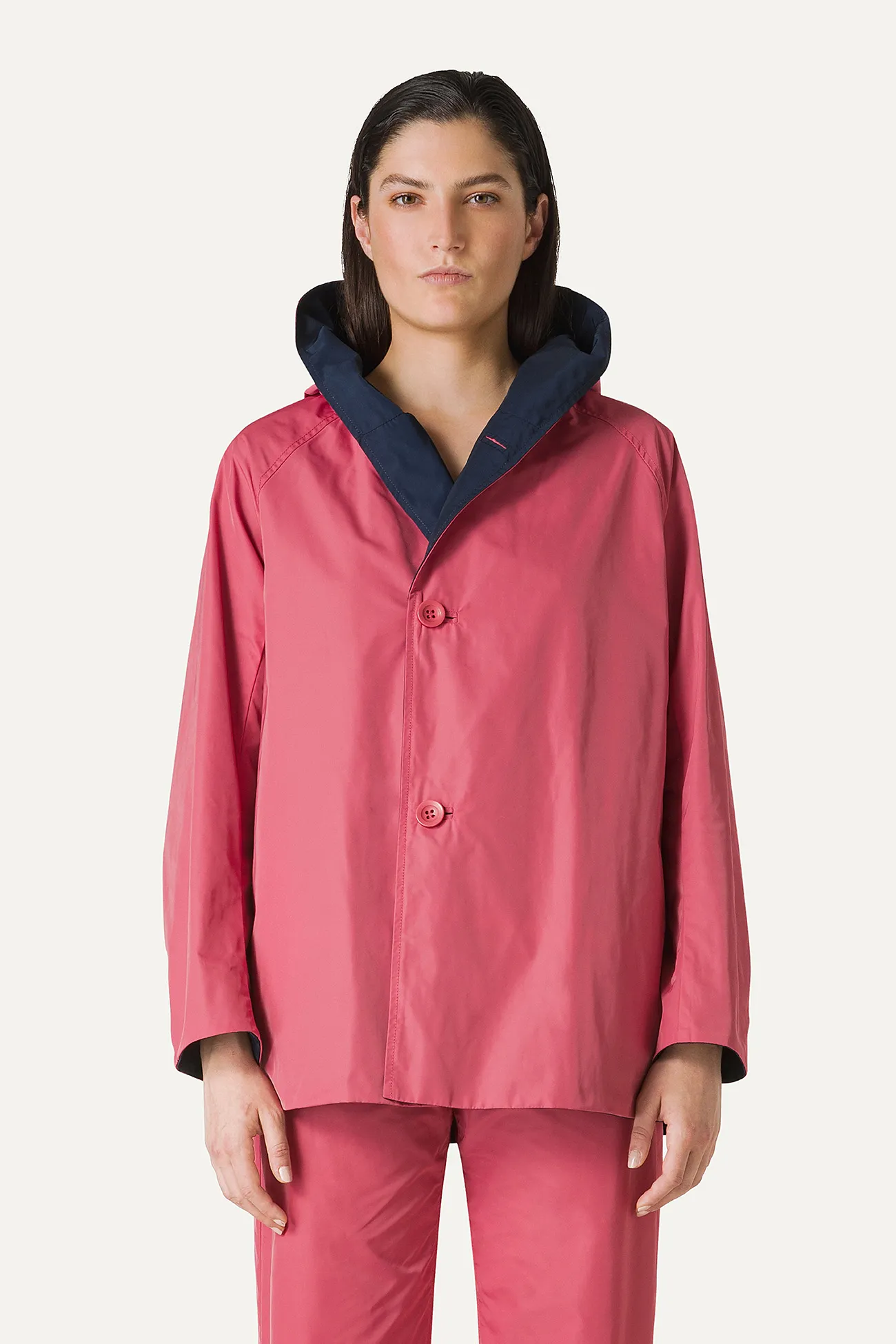 IMPERMEABILE REVERSIBILE CON CAPPUCCIO IN NYLON MEMORY 9411 - BLU NOTTE/ROSA ANTICO