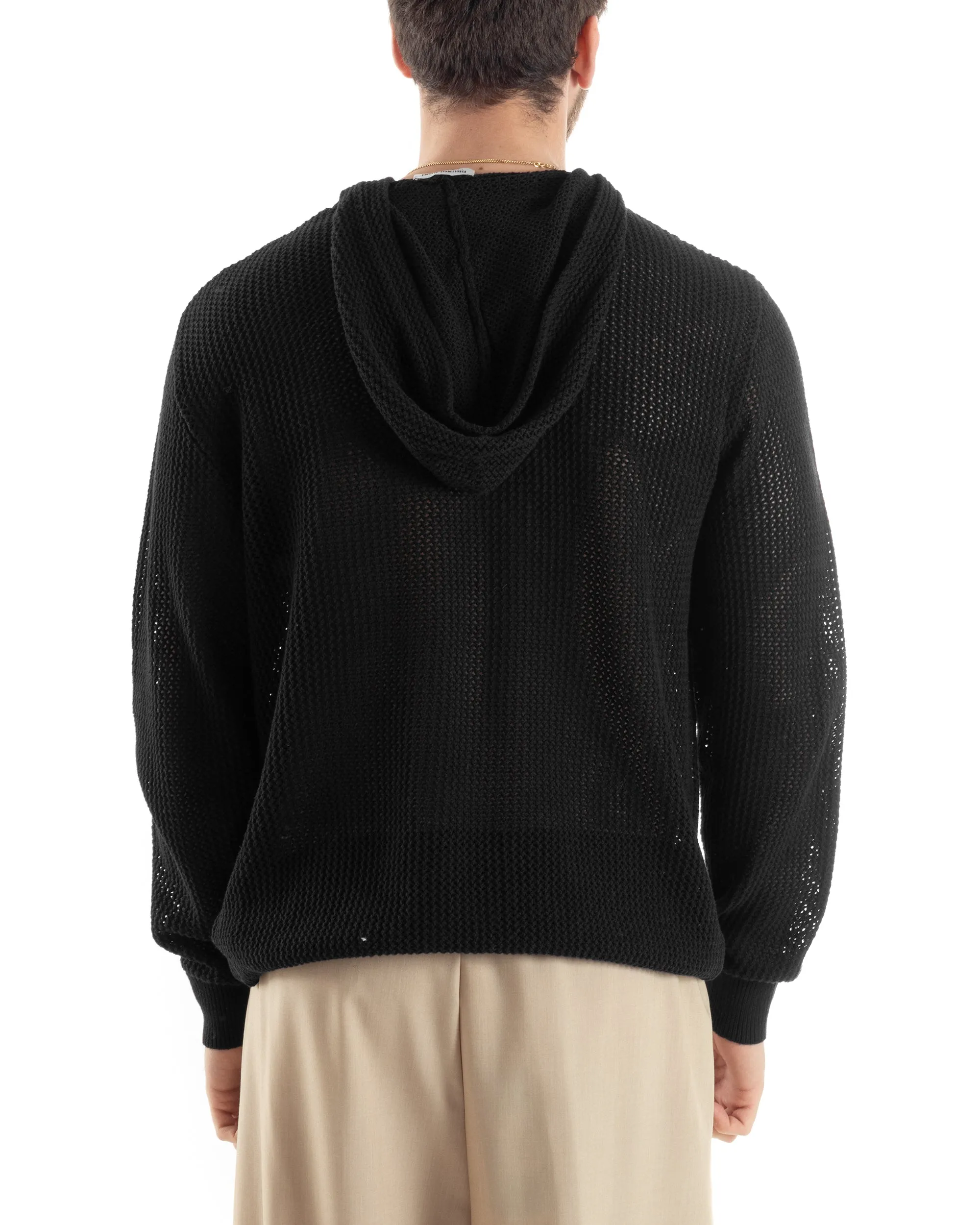 Maglioncino Uomo Traforato Con Cappuccio Maglia Bucata Tinta Unita Nero GIOSAL-M2832A