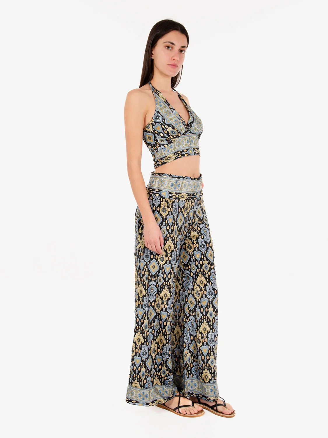 Pantaloni in seta fantasia nero / azzurro
