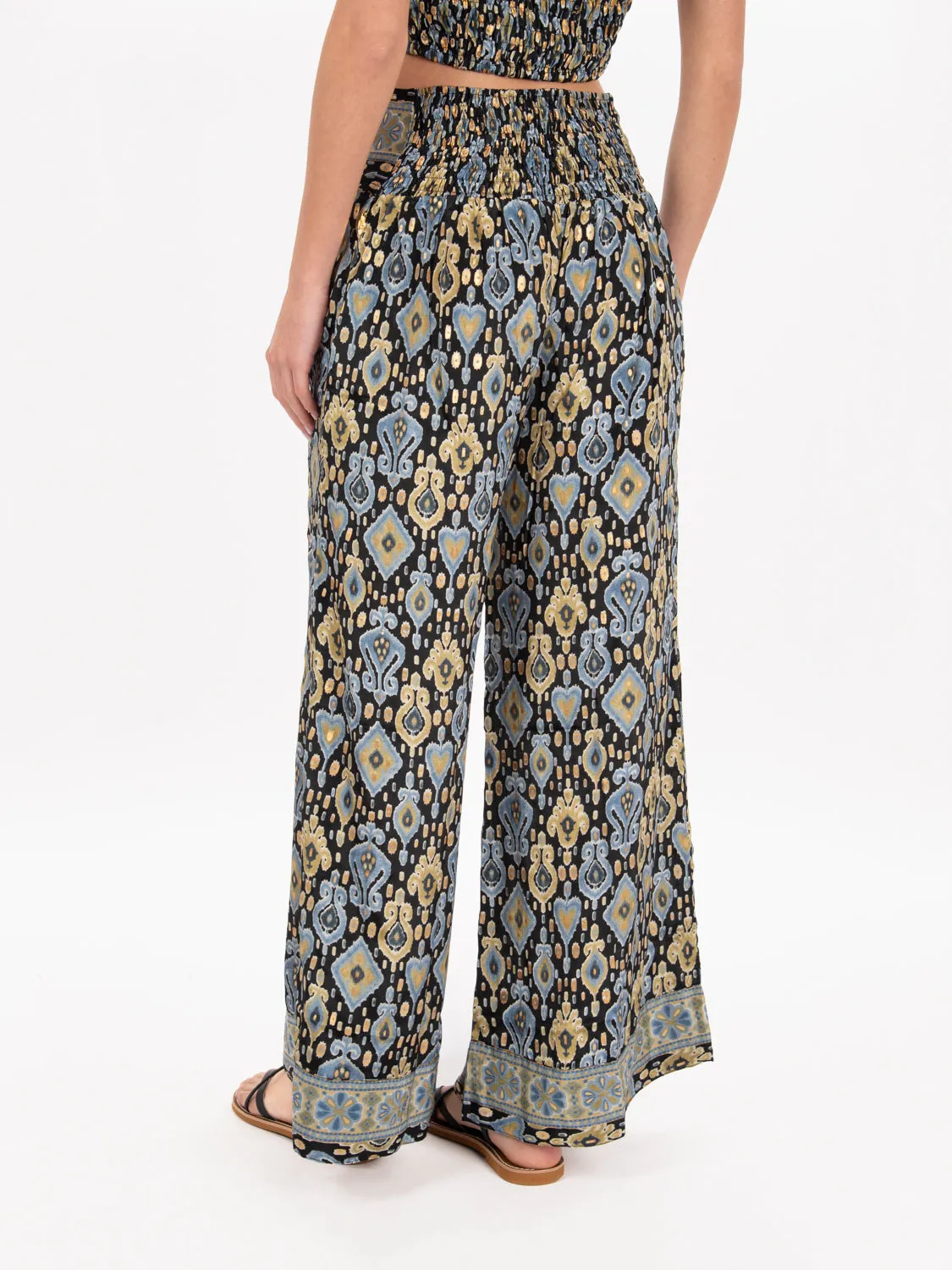 Pantaloni in seta fantasia nero / azzurro