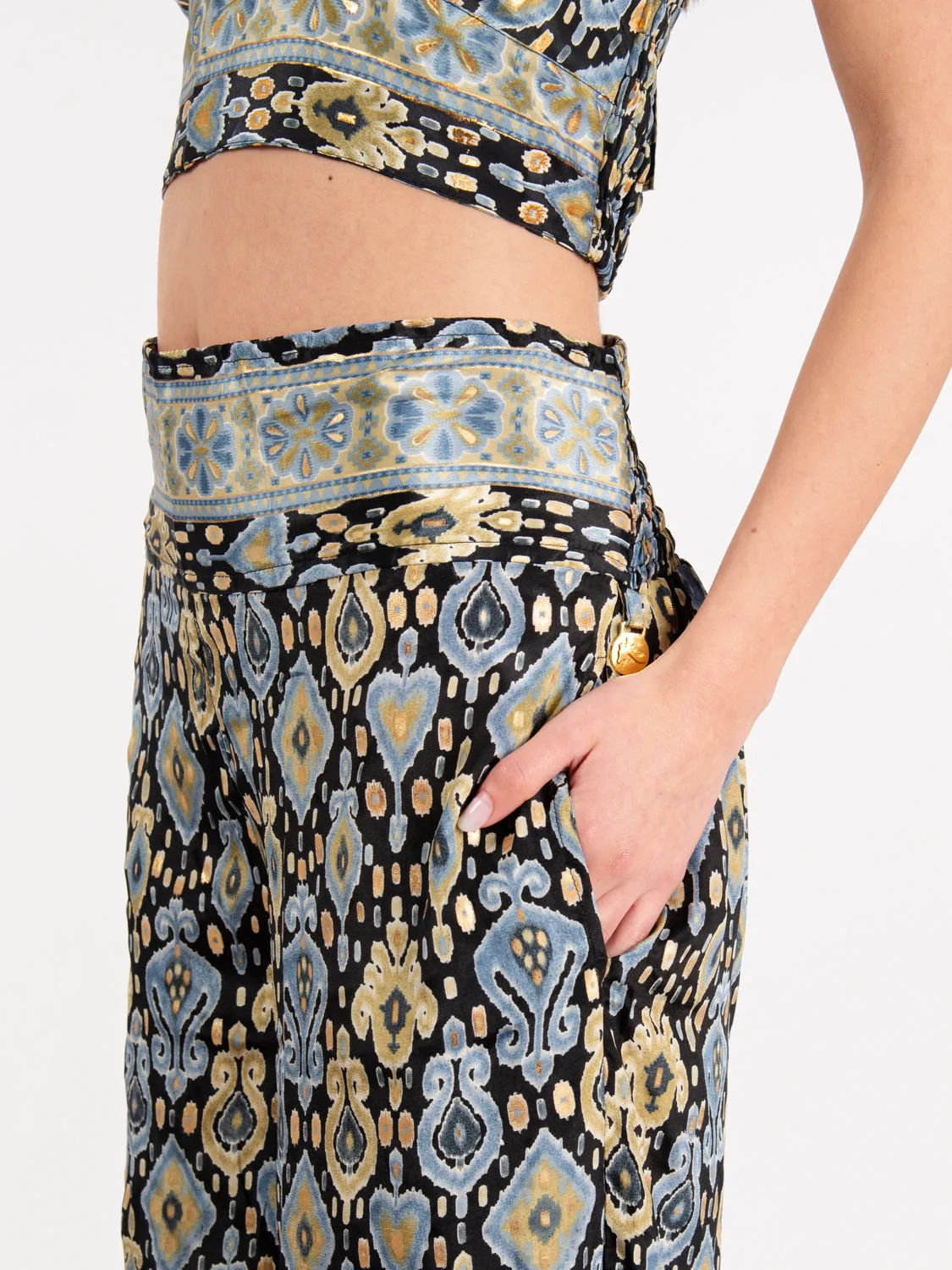 Pantaloni in seta fantasia nero / azzurro