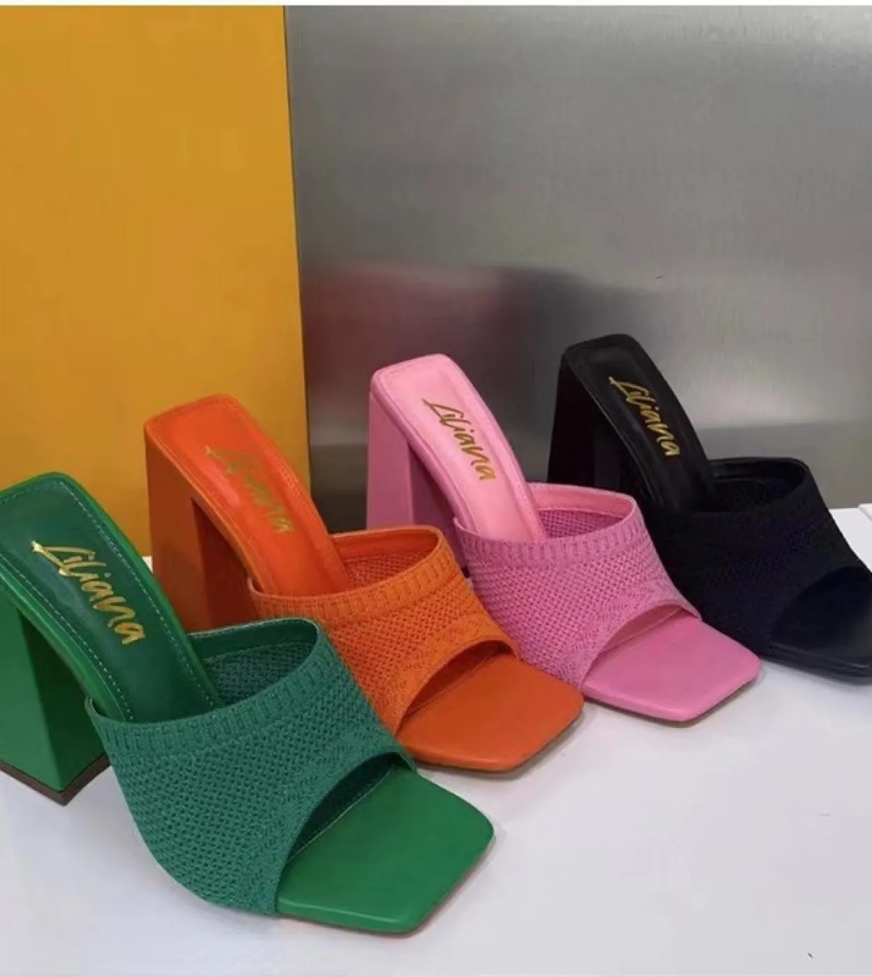Pantofole estive con tacco alto Pantofole da donna in tessuto a rete con tacco spesso Punta quadrata Sandali opentoe con tacco s