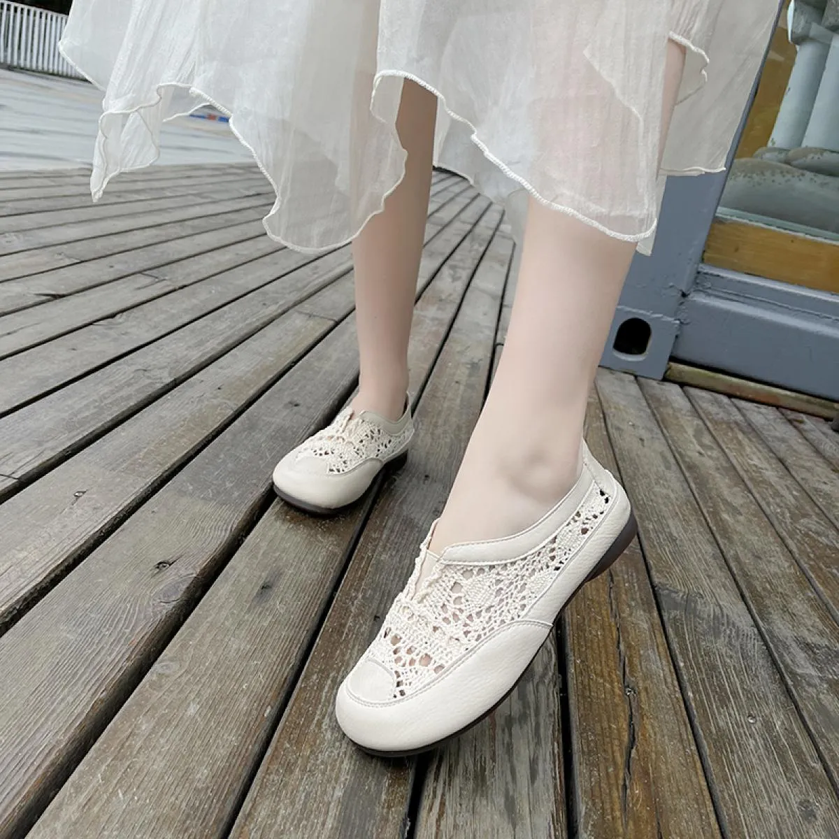 Scarpe da donna 2023 Estate nuovo fondo morbido mesh traspirante scarpe da pescatore pacchetto cavo testa fondo piatto una staff
