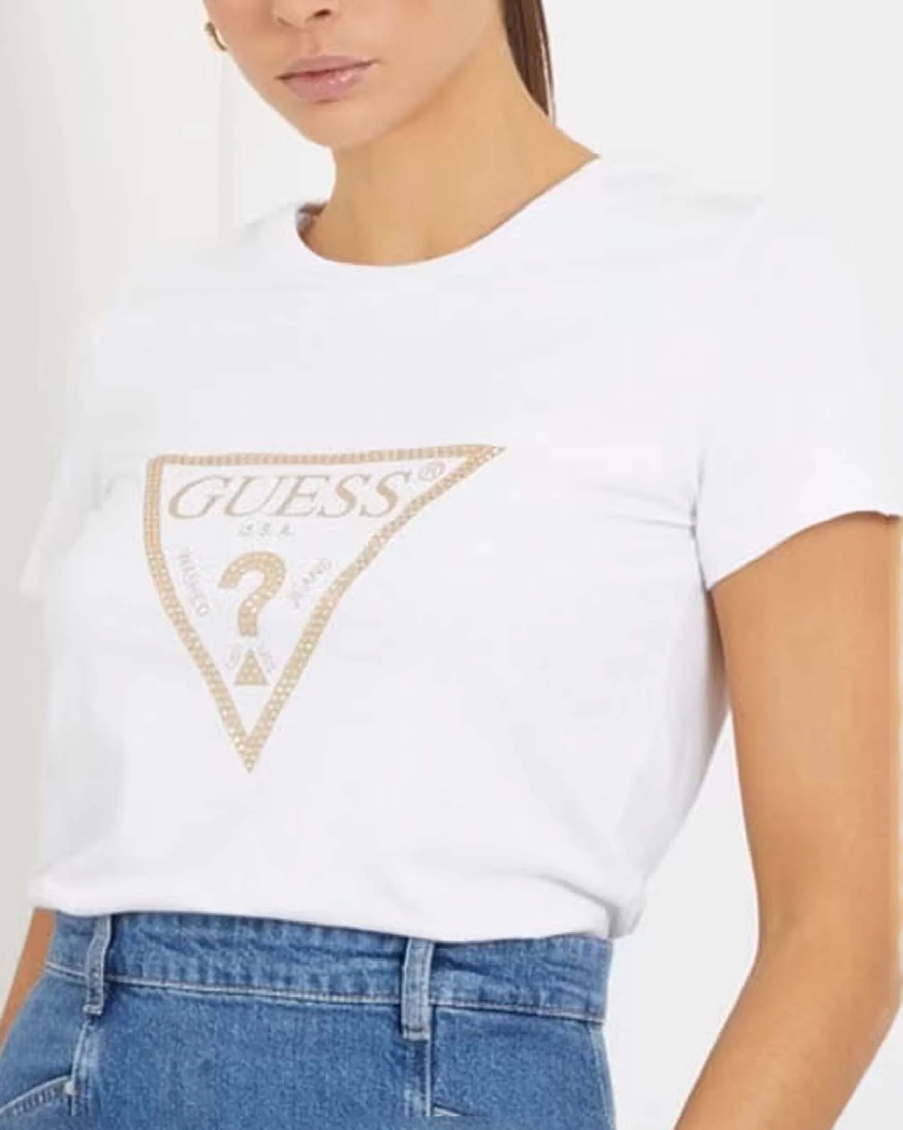 T-shirt bianca regular in cotone stretch con maxi logo triangolare dorato frontale in strass applicati