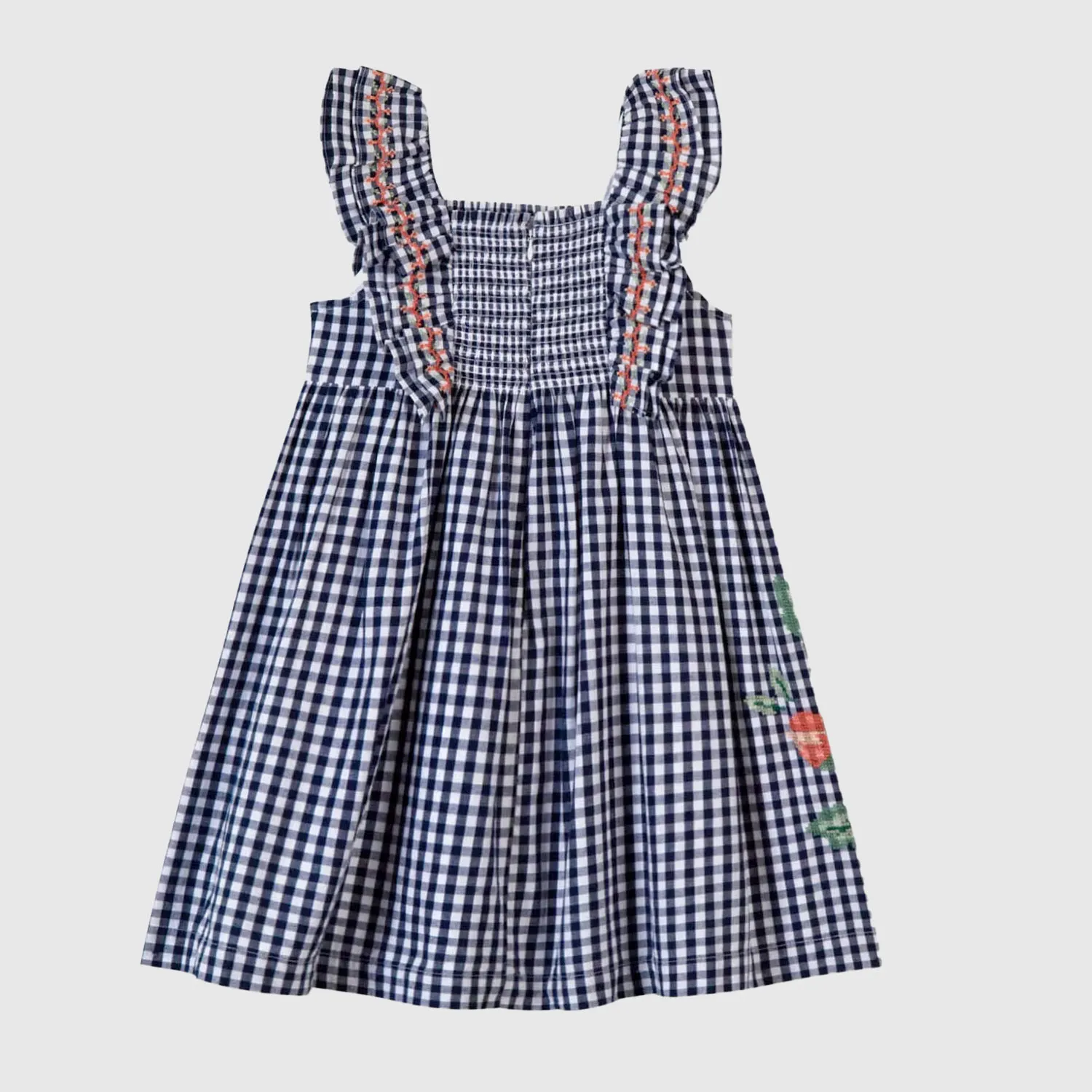Vestito Blu Navy A Quadretti Con Ricami A Fiori