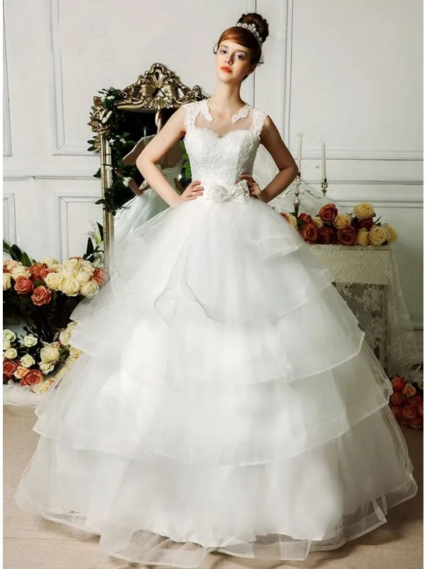 Vestito da Sposa A-line online di Tulle a balze con corpetto di Pizzo e scollatura illusione