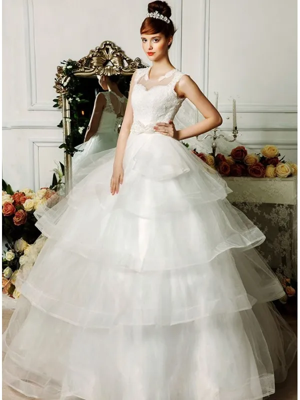 Vestito da Sposa A-line online di Tulle a balze con corpetto di Pizzo e scollatura illusione